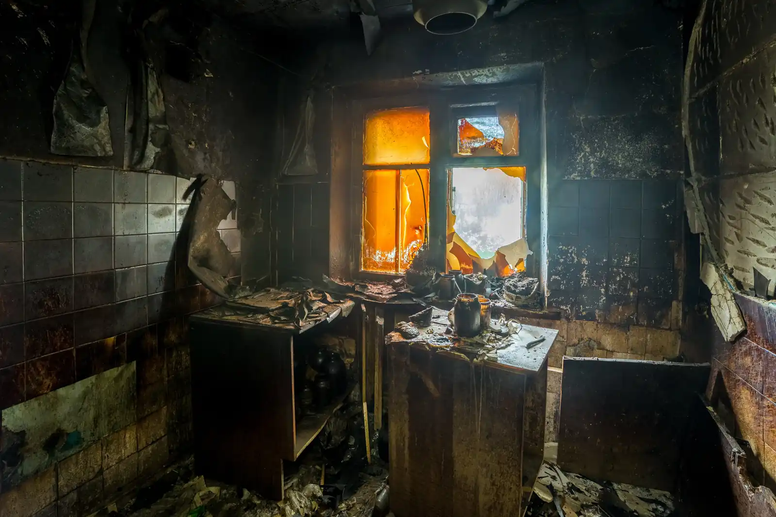Fire damage restoration crew responding to a house fire in Jersey City, NJ near 07097